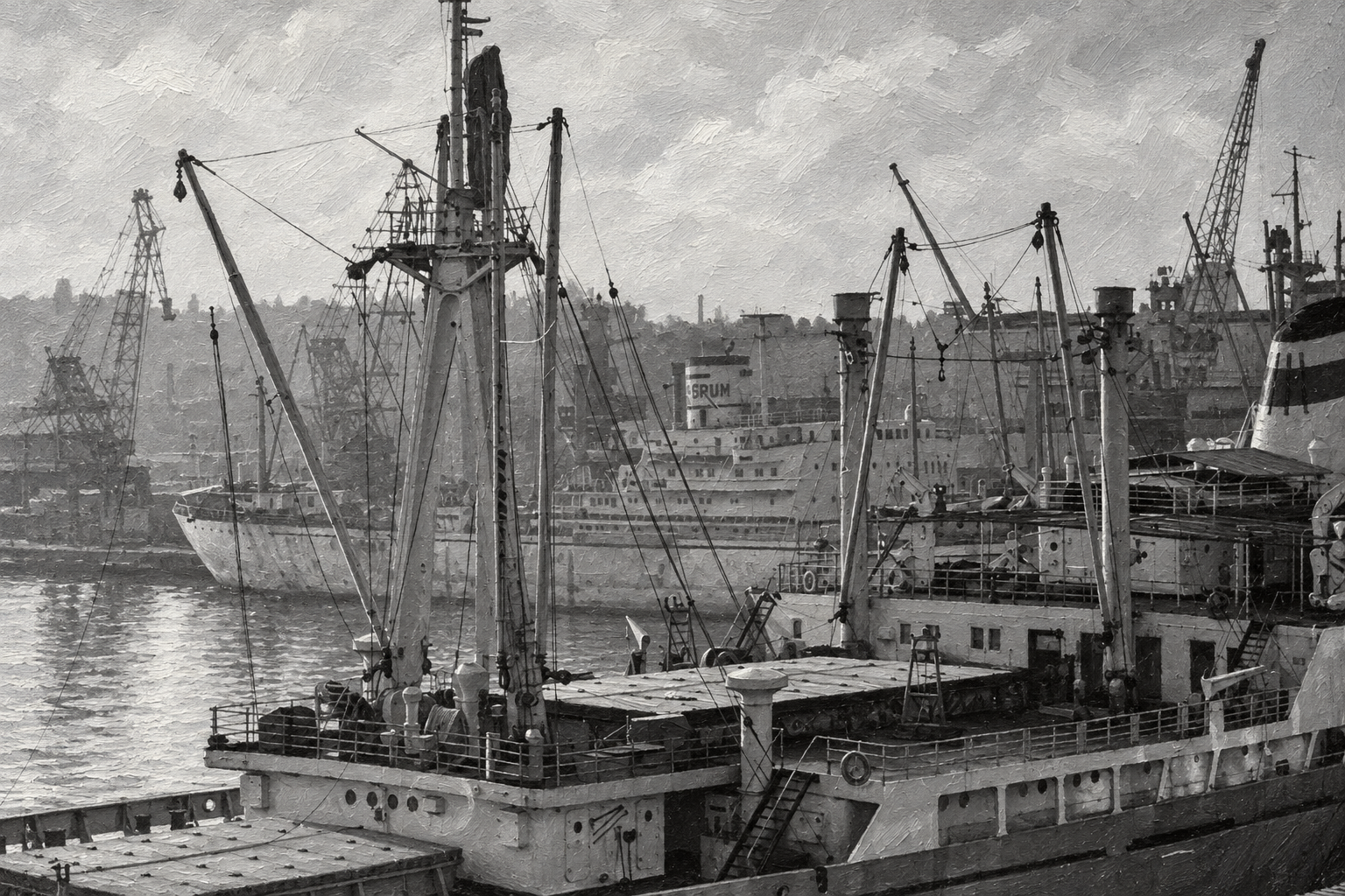 Black-and-white harbour scene with traditional cargo vessels and dockside cranes