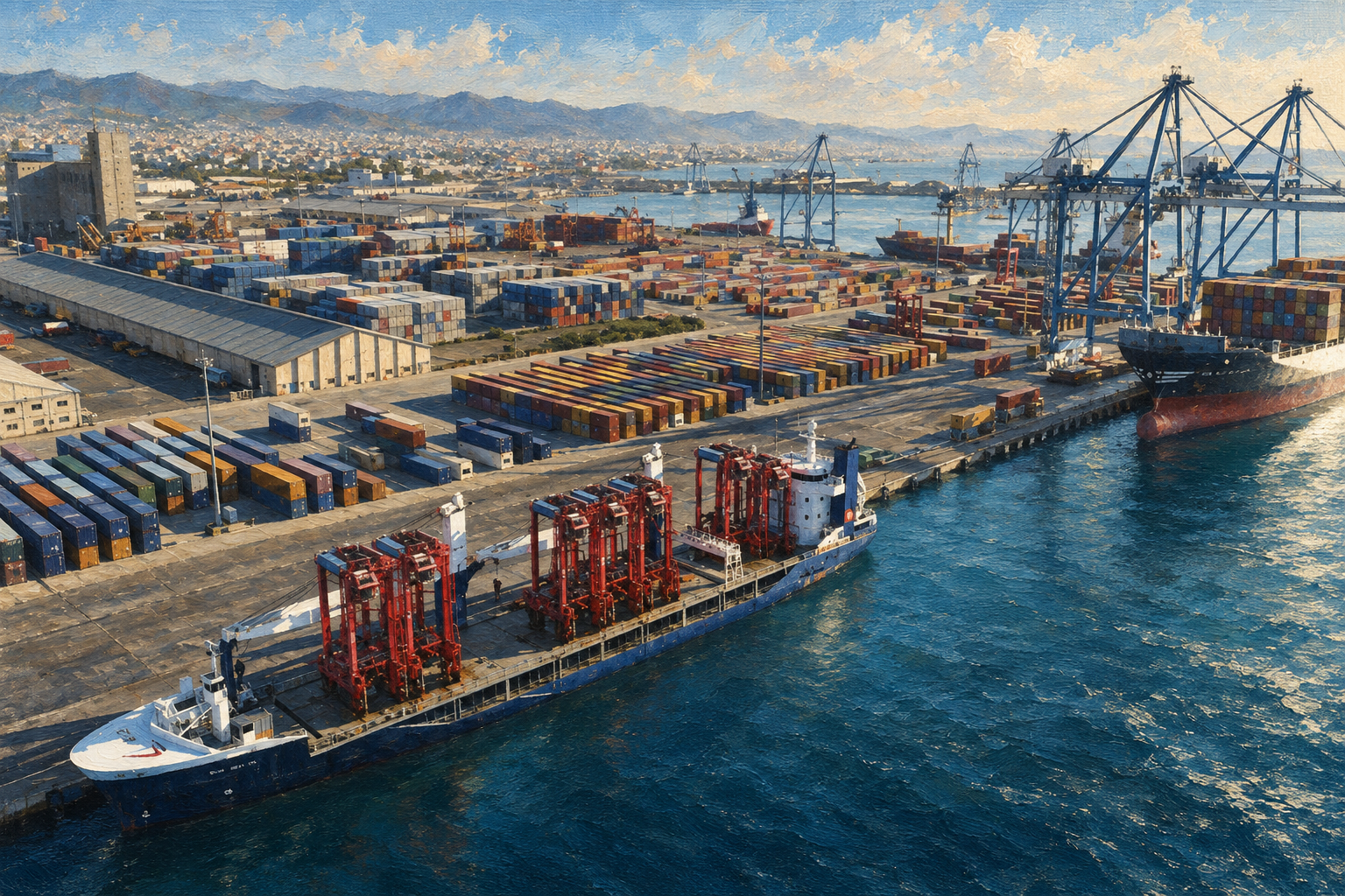 Cargo vessels alongside a container terminal with cranes and container stacks