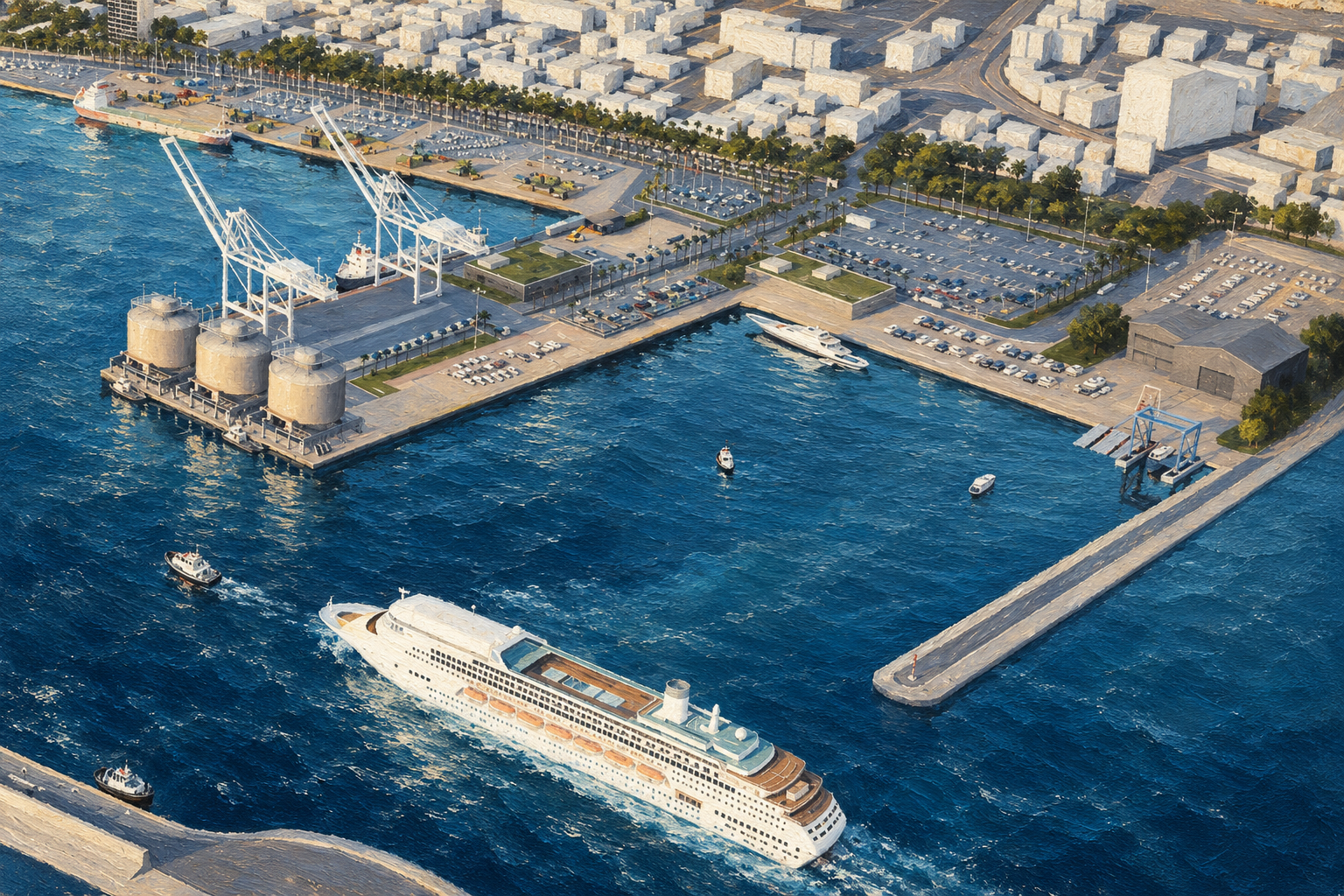 Architectural visualisation of a modern port with a cruise ship, cargo berths and waterfront facilities