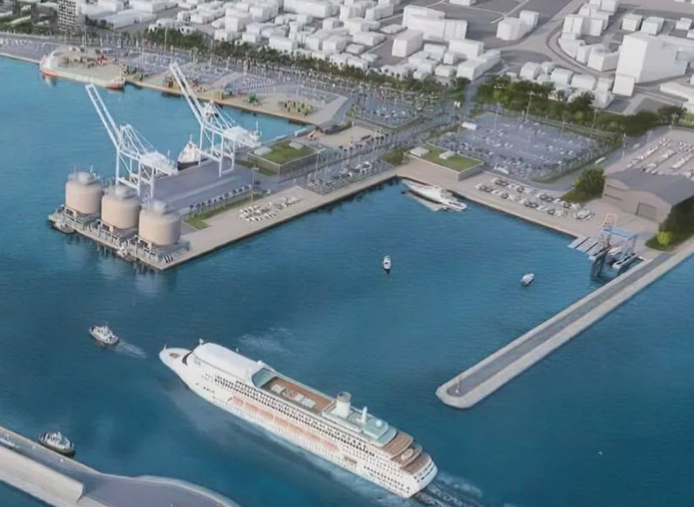 Architectural visualisation of a modern port with a cruise ship, cargo berths and waterfront facilities