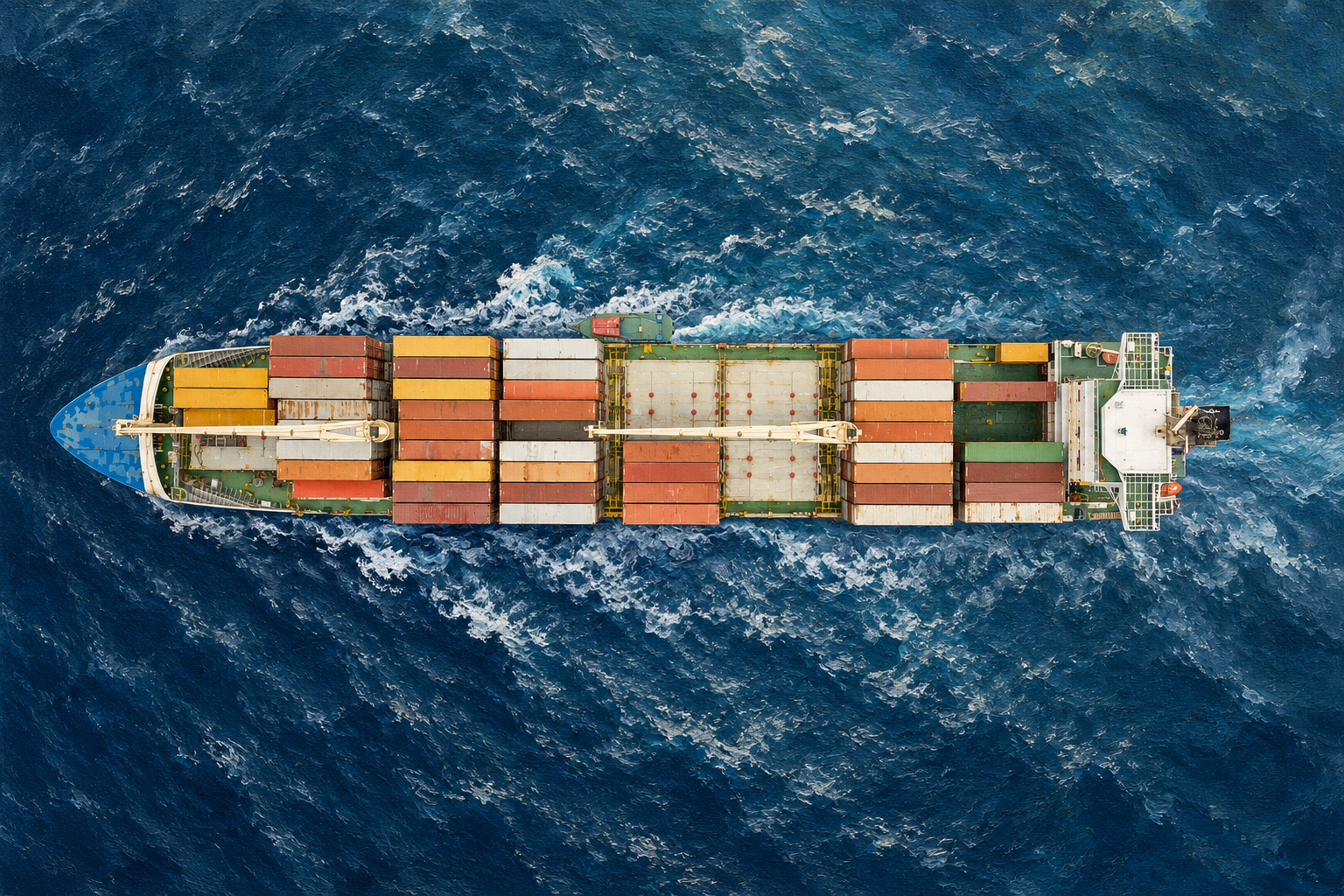 Oil-style maritime illustration of a merchant cargo vessel viewed from above